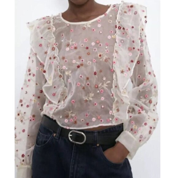 Zara Tops - Zara organza sheer long sleeved floral cropped blouse women’s size small